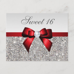 Convite Doce 16 Faux Silver Sequins Diamantes Arco Vermelh