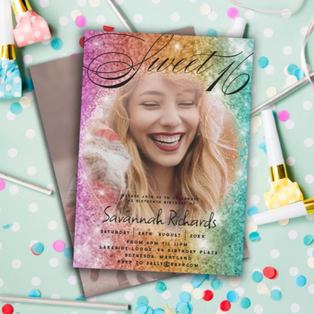 Convite Doce 16 Festa Colorida Rainbow Glitter & Photo (Criador carregado)