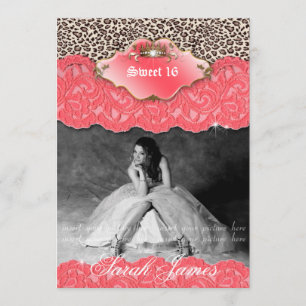Convite Doce 16 Festa Convidou Coral Leopard Crown