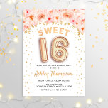 Convite Doce 16 Festa de aniversário - Balões Dourados Flo<br><div class="desc">Doce convite de aniversário 16. Design elegante em ouro brilhante com sotaque floral. Convide cartão com balões dourados número 16,  fonte de script com confetti. Coral cor-de-rosa,  branco. Perfeito para uma comemoração de na moda 16 dias. Envie-me uma mensagem se precisar de idade personalizada.</div>