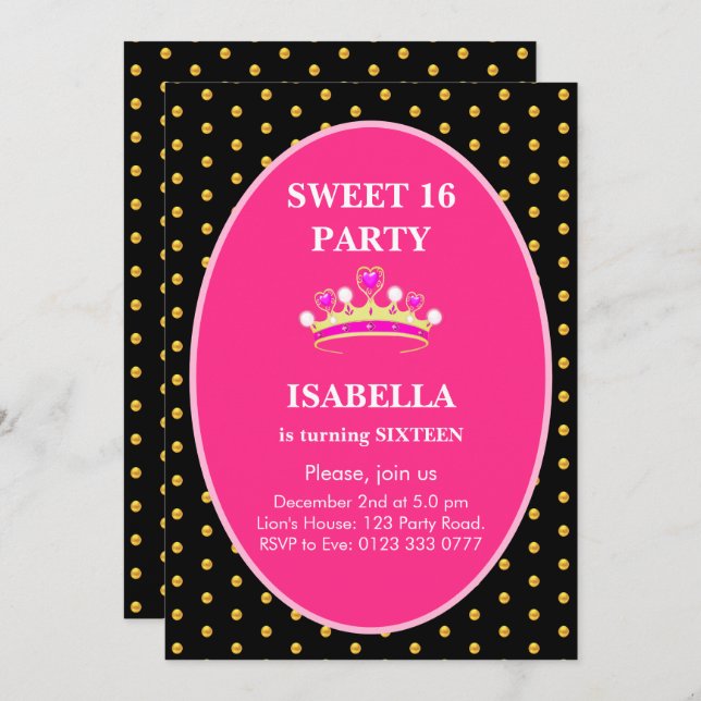 Convite Doce 16 Festa de aniversário da Princesa Coroa (Frente/Verso)