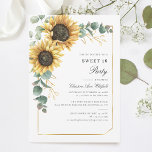 Convite Doce 16 Festa de aniversário de girassol Eucalyptu<br><div class="desc">O Convite de aniversário Eucalyptus Sunflower Script Sweet 16 pode ser facilmente personalizado com os detalhes da festa surpresa clicando no botão "Personalizar". Apresentando um brilho amarelo floral e verde suculente com uma estrutura geométrica de folha de ouro e tipografia moderna</div>
