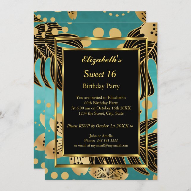 Convite Doce 16 Festa de aniversário Dourada Flor negro de (Frente/Verso)