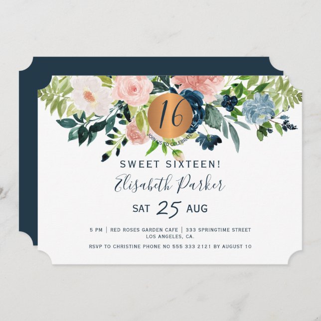 Convite Doce 16 festa de aniversário floral de aquarelas m (Frente/Verso)