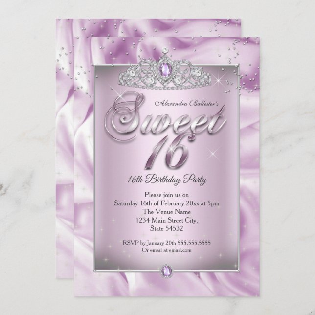 Convite Doce 16 Festa de aniversário Lilac Purple Diamond  (Frente/Verso)
