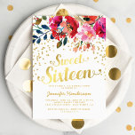 Convite Doce 16 Festa de aniversário | Lítima Dourada Flor<br><div class="desc">Doce dezesseis convites de festas de aniversários com um fundo branco clássico,  tela floral de aquarela,  brilho dourado falso,  título tipográfico de folha de ouro falso de na moda e modelo de celebração de 16 anos moderno.</div>