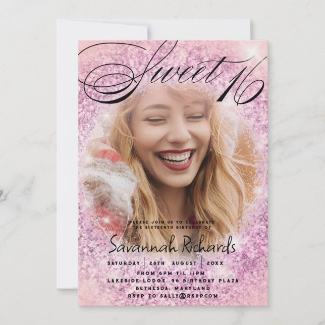 Convite Doce 16 Festa de Foto Rosa e Roxo (Frente)