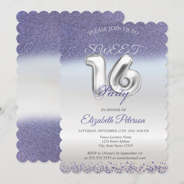 Convite Doce 16 Festa de Ombre Glitter Bokeh Roxo (Frente/Verso)