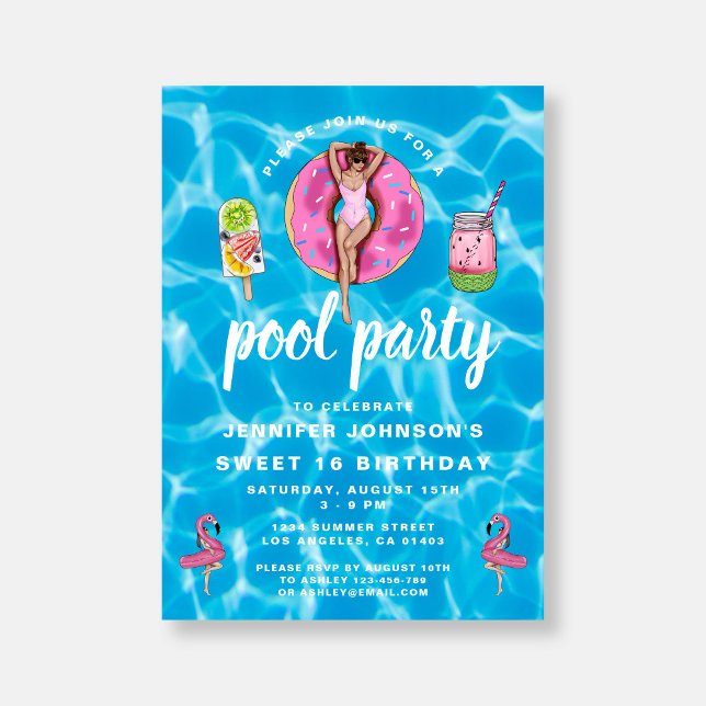 Convite Doce 16 Festa de Piscina de Verão, Rosa-Rosa, de A (Sweet 16 Birthday Cute Pink Summer Pool Party Invitation)