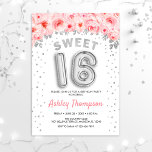 Convite Doce 16 Festas de aniversário - Balões Prateados R<br><div class="desc">Doce convite de aniversário 16. Design elegante em prata brilhante com sotaque floral. Convide cartão com balões prateados número 16,  fonte de script com confetti. Leve rosa e branco. Perfeito para uma comemoração de na moda 16 dias. Envie-me uma mensagem se precisar de idade personalizada.</div>