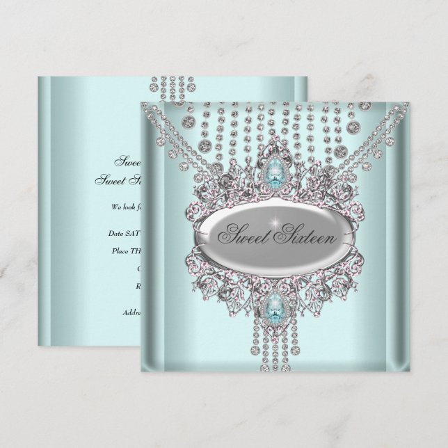 Convite Doce 16 Festas de aniversário de Ouros Brancos Azu (Frente/Verso)