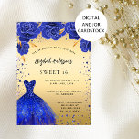 Convite Doce 16 florais de roupas brilhantes de ouro azul<br><div class="desc">Um convite moderno, na moda e glamouroso para uma doce festa de aniversário 16, 16. Um fundo de ouro falso com faíscas azuis falsas e um vestido azul real e rosas, florais. O nome é escrito com um moderno estilo escrito à mão. Personalize e adicione os detalhes da sua festa....</div>