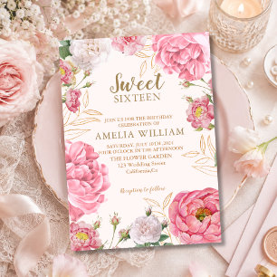 Convite Doce 16 Floral Rosa Dourado Cumprimento Aniversári