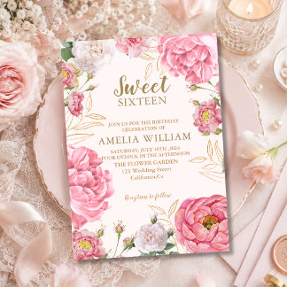 Convite Doce 16 Floral Rosa Dourado Cumprimento Aniversári