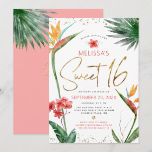 Convite Doce 16 Floral Tropical Aquarela Rótulo Dourado