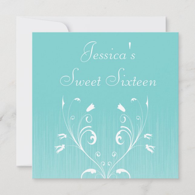 Convite Doce 16 Flores Brancas Azuis Claro de Aniversário (Frente)