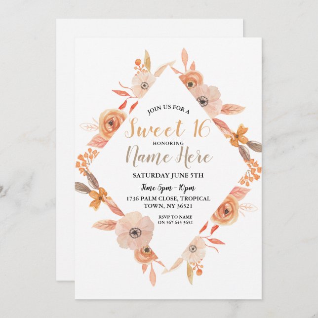 Convite Doce 16 Flores de outono de Festa de aniversário A (Frente/Verso)