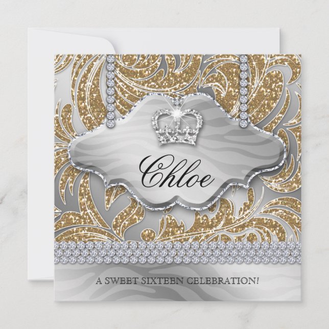 Convite Doce 16 Folhas de Joias Douradas do Partido (Frente)