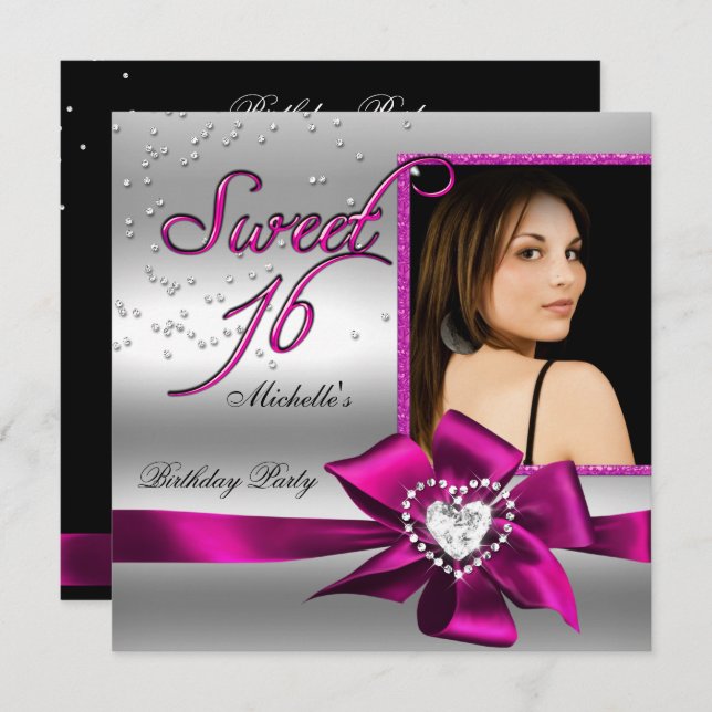 Convite Doce 16 Foto 16 Doce De Prata Rosa (Frente/Verso)