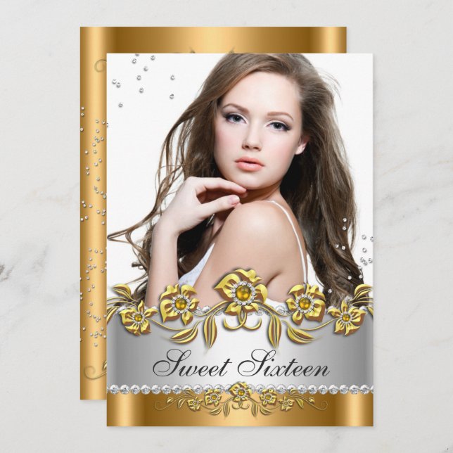 Convite Doce 16 Foto Bronze, Dourada Prata Diamond Jewel (Frente/Verso)