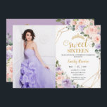 Convite Doce 16 Foto De Aniversário Floral Lilac Blush<br><div class="desc">Personalize este adorável convite fotográfico de 16 de junho,  doce,  com uma redação simples e rápida,  basta pressionar o botão personalizá-lo para reorganizar e formatar o estilo e a colocação do texto. Itens correspondentes disponíveis no repositório! c) O Feliz Cat Studio</div>