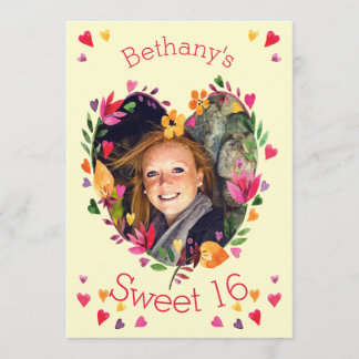 Convite Doce 16 Foto de Watercolor Floral Heart Wreath