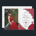 Convite Doce 16 Foto Floral de 16 Rosas vermelhas Prateada<br><div class="desc">Personalize este adorável convite de 16 anos com uma redação própria,  fácil e rapidamente,  basta pressionar o botão personalizá-lo para reorganizar e formatar o estilo e a colocação do texto. Itens correspondentes disponíveis no repositório! c) O Feliz Cat Studio</div>