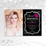 Convite Doce 16 Foto Negra Branca de Prata Rosa de Anivers<br><div class="desc">Foto preta,  rosa,  de prata,  doce 16 de aniversário. Doce dezesseis convites de aniversário com sua foto. Possui fonte de script,  lábios beijam e confetti. Design cor-de-rosa preto clássico com prata brilhante. Perfeito para uma elegante festa de 16 dias.</div>