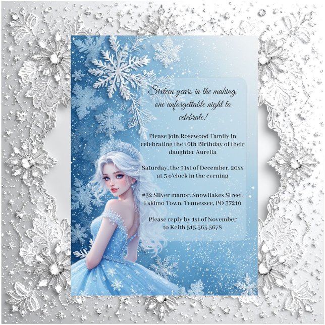 Convite Doce 16 Foto Pessoal Azul Prateado de Inverno (Sweet 16 Icy Blue Silver Winter Personalized Photo Invitation)