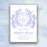 Convite Doce 16 Franco Vintage Blue Floral Crest<br><div class="desc">Uma elegante crista floral azul-vintage francesa toma palco central neste convite de aniversário de eterno. Ornamentado,  formal e muito feminina fará qualquer dama de aniversário se sentir muito especial. Os suprimentos da parte coordenadora estão disponíveis.</div>