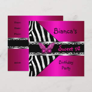 Convite Doce 16 Fushia Rosa Prata Preto Zebra Leopardo
