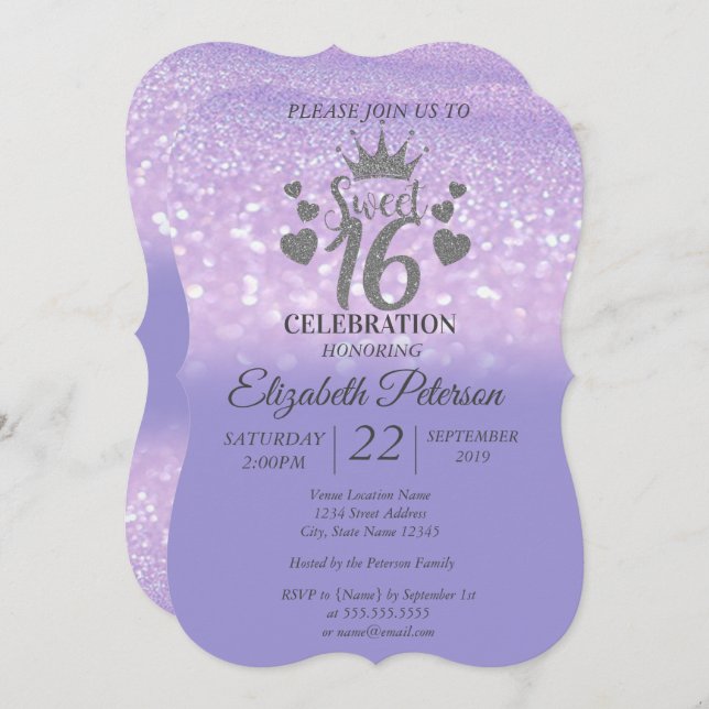 Convite Doce 16 Glitter Bokeh Ombre,Glitter Tiara (Frente/Verso)