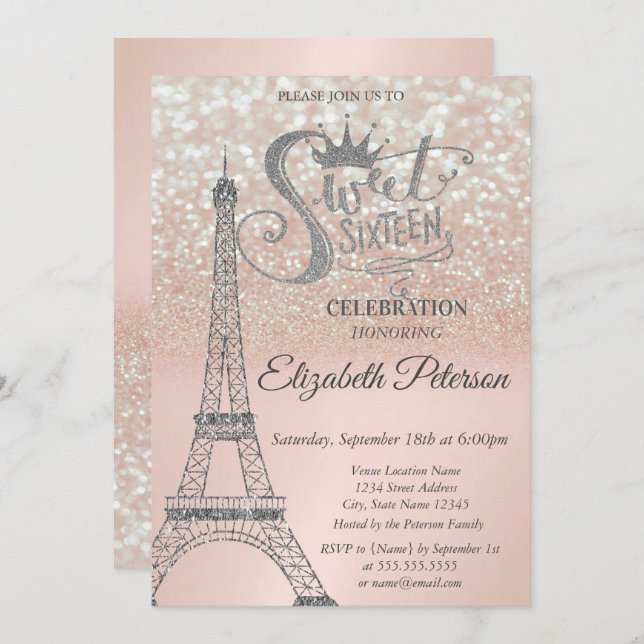 Convite Doce 16 Glitter Bokeh Ombre,Torre Eiffel Sweet 16 (Frente/Verso)