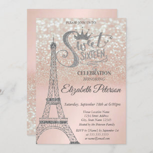 Convite Doce 16 Glitter Bokeh Ombre,Torre Eiffel Sweet 16