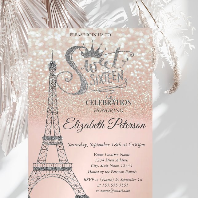 Convite Doce 16 Glitter Bokeh Ombre,Torre Eiffel Sweet 16 (Criador carregado)