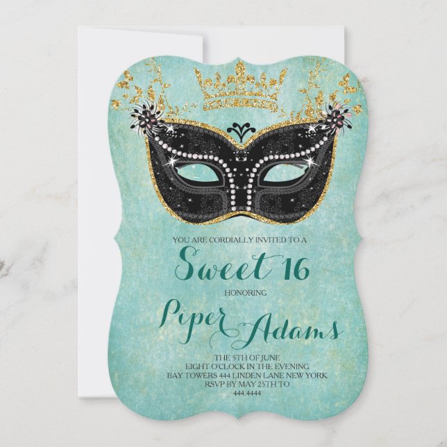 Convite Doce 16 Glitter Dourado e Aqua (Frente)
