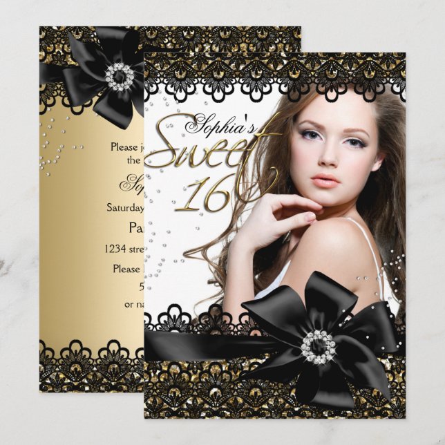 Convite doce 16 Glitter Dourado & Preto em Renda (Frente/Verso)