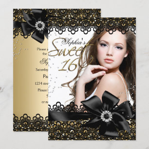 Convite doce 16 Glitter Dourado & Preto em Renda
