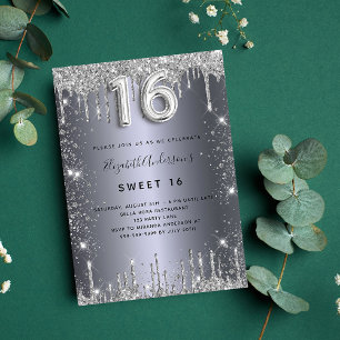 Convite Doce 16 gotas de glitter prateado