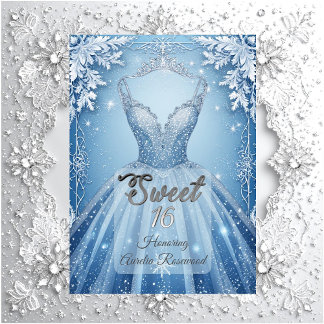Convite Doce 16 Icy Blue Prata Flocos de Neve de Inverno 