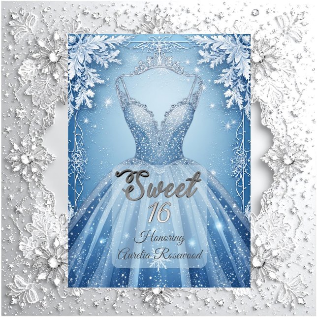 Convite Doce 16 Icy Blue Prata Flocos de Neve de Inverno  (Sweet 16 Icy Blue Silver Winter Frost Snowflakes Invitation)