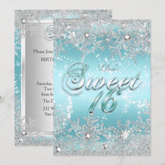 Convite Doce 16 Inverno Azul Teal Floco de Neve (Frente/Verso)
