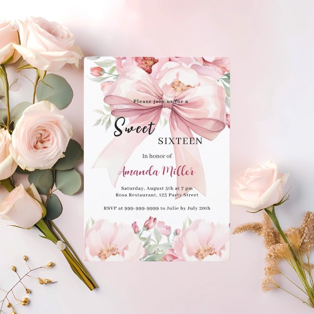 Convite Doce 16 laço rosa flores aquarela (Criador carregado)