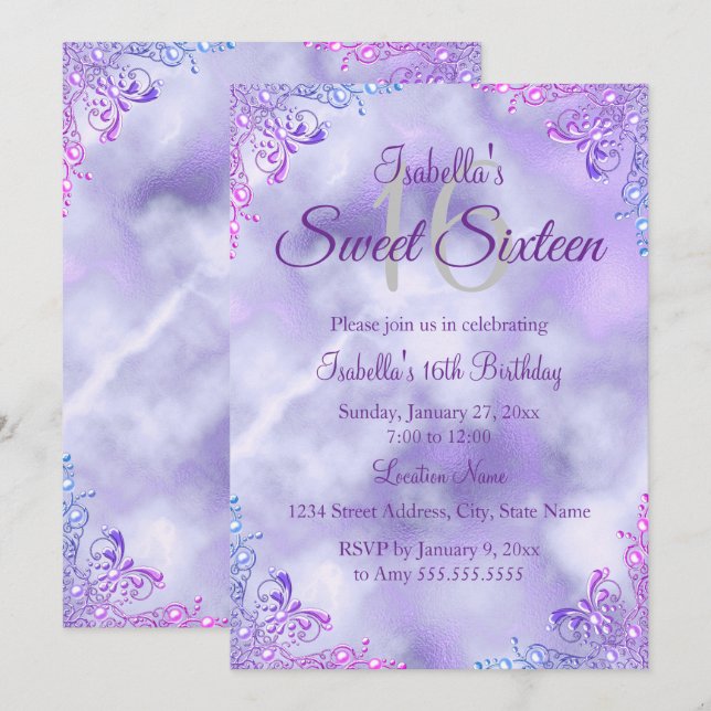 Convite Doce 16 Lilás Roxo Pérola Prata Damask (Frente/Verso)