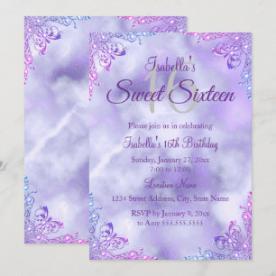 Convite Doce 16 Lilás Roxo Pérola Prata Damask