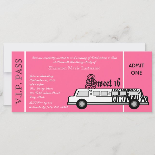 Convite Doce 16 Limo Party Pass (Frente)