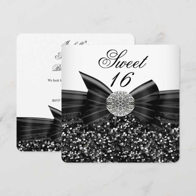 Convite Doce 16 Luxo Brilho Laço Prata Preto Branco (Frente/Verso)