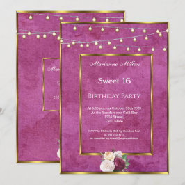 Convite Doce 16 Luzes de Fada Douradas Burgundy Rosas