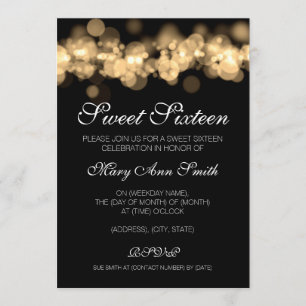 Convite Doce 16 Luzes Douradas de Bokeh Festas de aniversá