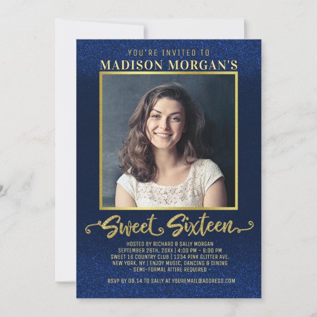 Convite Doce 16 Marinho de aniversário Foto azul Dourada b (Frente)